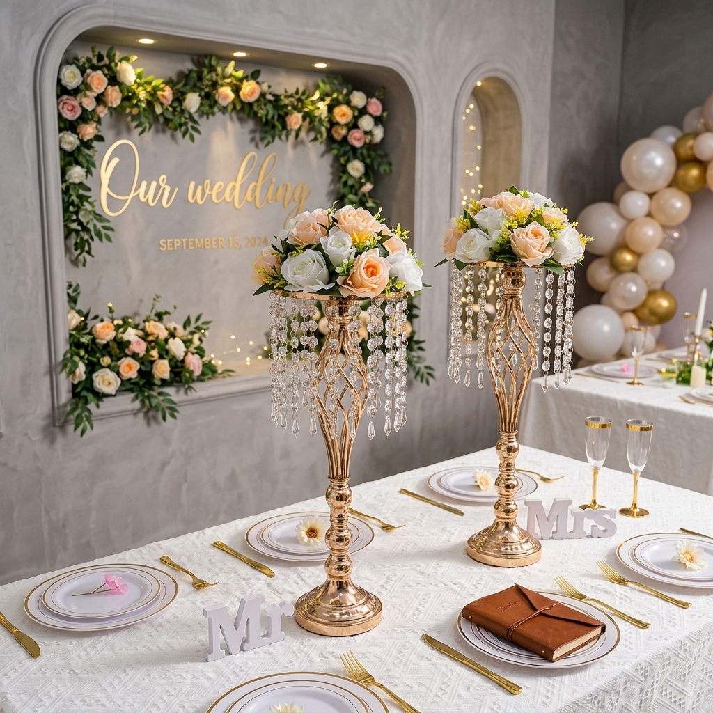 Tall Gold Crystal Metal Centerpiece