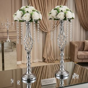 Tall Silver Crystal Metal Centerpiece