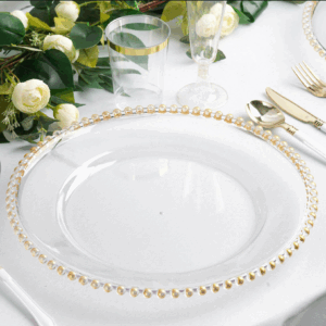 13″ Round Clear with Gold Beaded Rim